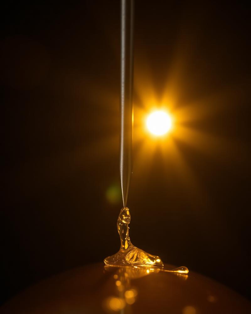 A needle tip piercing a bead of golden light