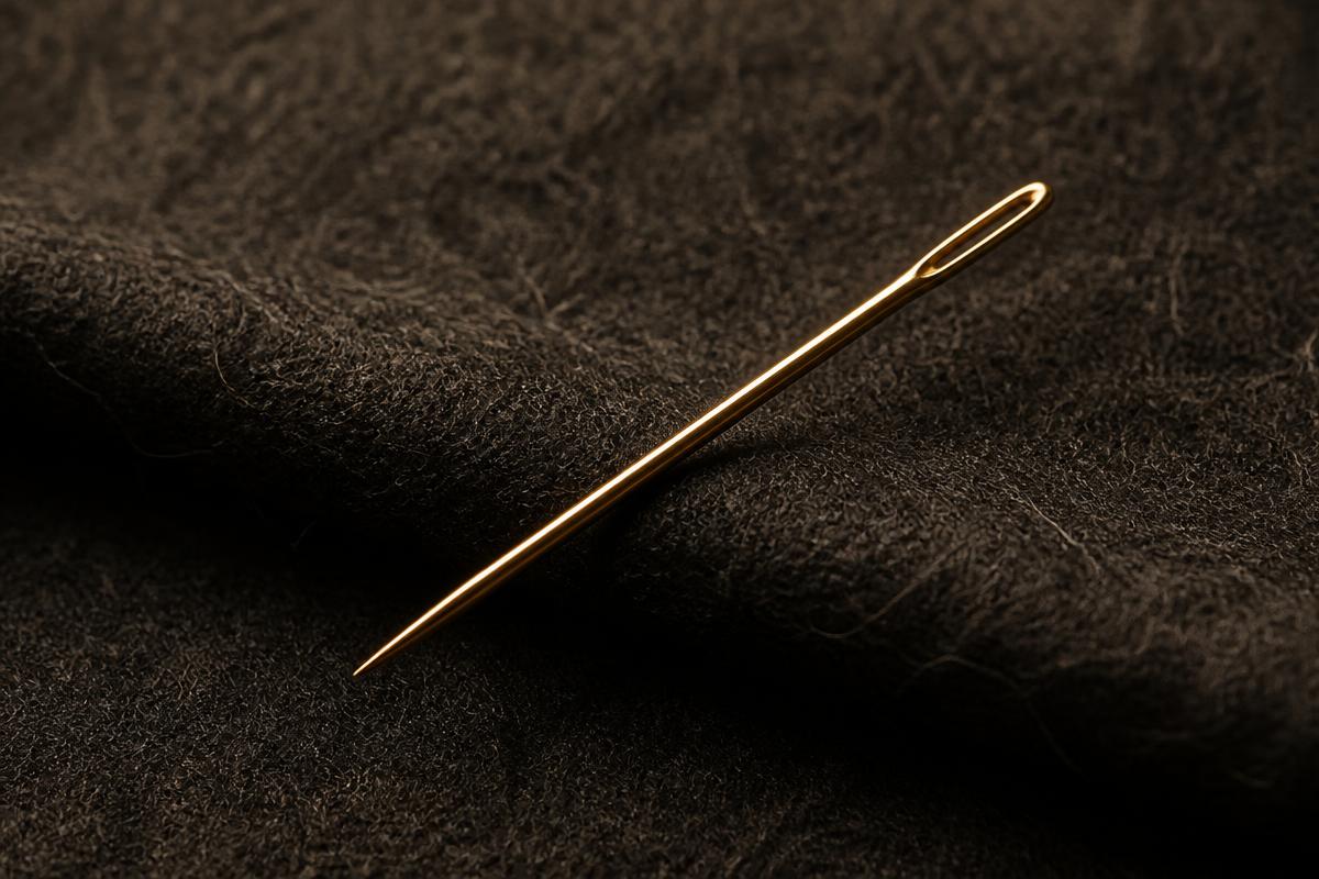 Golden needle resting on charcoal fabric